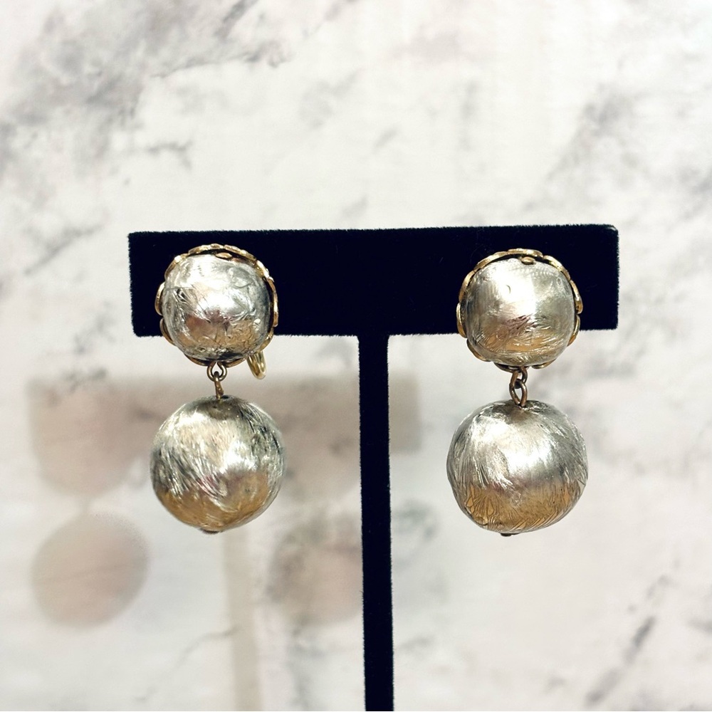 Vintage Silver and Gold Tone Ball Drop Clip-On Earrings - Picture 2 of 8